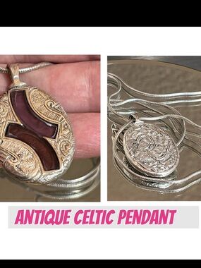 N101 Silver Oval Pendant Necklace with Red-purple  Inlay